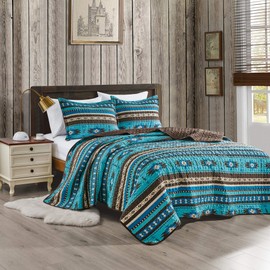 Jaba 3-Piece Fine Printed Oversize King Size Quilt Set, All-Season Bedspread Native American Tribal Navajo Pattern Coverlet with Pillow Shams Bed Cover (Turquoise Blue, Brown, Khaki, Southwestern)