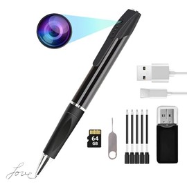 cangnuo Mini bolígrafo para cámara espía oculto HD1080p 64 GB de memoria, microcámaras corporales, no necesita WiFi, minúscula cámara oculta con grabación de video, niñera para seguridad en el hogar