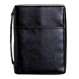 Soft Black Embossed Cross with Front Pocket Leather Look Bible Cover with Handle, Small