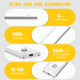 2 Pack Under Cabinet Lights, 52 LED Warm White Rechargeable Under Cabinet Lighting Motion Sensor LED Lights for Kitchen, Counter, Closet, Stairs (Silver - Warm White Light, 12.2 Inch - 2 Pack)