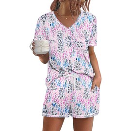 Ekouaer Women's Pajamas Sets Short Sleeve Lounge Sets Sleepwear Casual Two Piece Pjs with Pockets Leaf Small