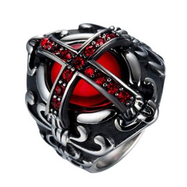 JIPSJICI Mens Stainless Steel Vintage Ruby Stone Cross Ring Silver Black Gothic Biker Signet Rings Red Size 13