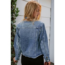 Kedera Denim Jacket for Women Distressed Jean Jackets Button Vintage Western Trucker Jacket Frayed Hem Coat