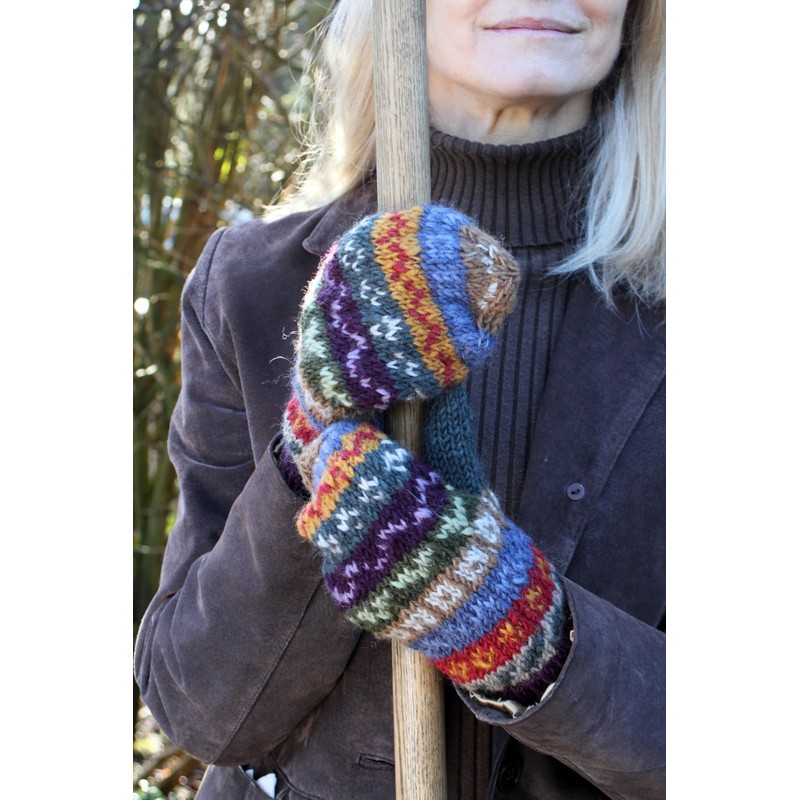 Pachamama Women Wool Mittens Fleece Lined Handknitted Fairisle Green Multicoloured