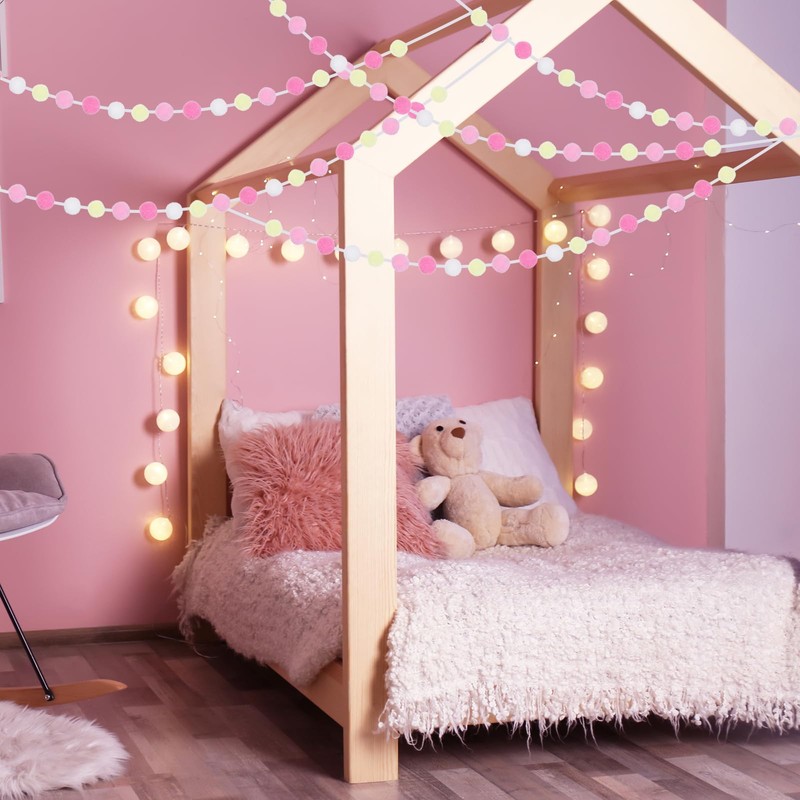 PATIKIL 3個のポンポンガーランド、6.5フィートの装飾用ガーランドボールバナー、ハロウィン感謝祭クリスマス結婚式誕生日パーティールーム用、ホワイトピンククリームライトピンク