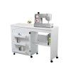 Folding sewing machine table with storage shelves and lockable casters,