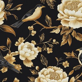 BOKEBEVE Gold Floral Wallpaper Peel and Stick Vintage Bird Contact Paper Dark Black Wall Paper for Cabinet Backsplash Bedroom Removable Renter Friendly 17.5 x 118In