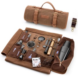 Barillio Bartender Kit Bag with Black Cocktail Shaker Set - Waxed Canvas, Traveling Bar Tools Bag with 17-Pc Cocktail Kit - Travel Mixology Bartending Kits - Mobile Bar Roll with Strap & Accessories