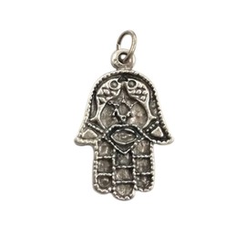Hamsa Hand Good Luck Charms - Silver plated Khamsa Amulets Pendants for favors, jewelry making, DIY bracelets, earrings and decorations - h 0,78 in - 10 pieces