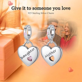 Rimgoris 925 Sterling Silver Charm for Women Bracelets Necklace Family Mother and Daughter Heart 2 piece set 5A Cubic Zirconia Valentine Birthday Mother's Day Gift Charms for Women
