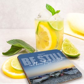 Christian Coasters, Pack of 6 cork coasters, Be Still (Boats), with Bible verse Psalm 46:10. Beautiful Christian gifts for women or men, by Just Cards Direct