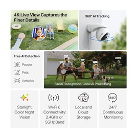 Tapo 4K 8MP Wired Pan/Tilt Outdoor Security Camera, Free Person/Vehicle Detect & 360° Motion Track, Color Night, Local AI, SD/Cloud Storage, Works w/Alexa & Google Home, 2.4 GHz WiFi C560WS