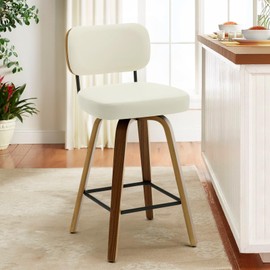 Bekrvio Swivel Counter Height Bar Stools, 26" Upholstered Faux Leather Barstools with Back and Bent Wood Legs, Mid Century Modern Bar Chair Island Stool for Kitchen Counter, Cream White