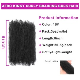 Afro Kinky Curly Braiding Hair for Dreadlock Extensions Repair Locs 3 Packs Synthetic Afro Kinkys Bulk Hair Bundles Micro Spring Afro Twist Hair Bulk for Mini Twist Hair (1B, 8 Inch)