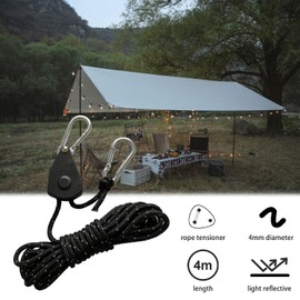 Pack of 6 4 m Reflective Guy Ropes Rope with Rope Tensioner, 4 mm Diameter Adjustable Rope Ratchet Rope Ratchet with Hooks, Paracord Rope Guy Line for Tent Tarpaulin Camping (Black)
