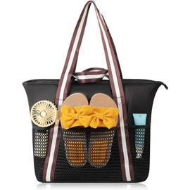 LEKOU Bolso de Mano Para Mujer, Bolso de Viaje Impermeable y Resistente a La Arena, Bolsa De Playa Plegable Mujer Con Cremallera, Bolso De Hombro Para Viajes, Compras, Playa, Desplazamientos