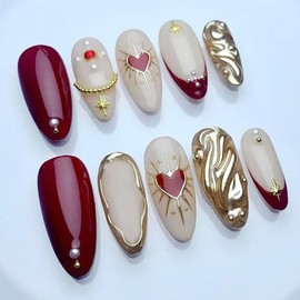 PODUOJIEYI 24Pcs Red French Tip Press On Nails Medium Almond Shape Acrylic False Nails with Pearl Star Rhinestones Charm Design 3D Gold Ripple Finish Glue On Nails for Women
