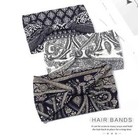 Fashband Boho Wide Headbands Black Flower Hair Bands Elastic Headscarf Knot Yoga Head Wraps for Women and Girls (Pack of 3)