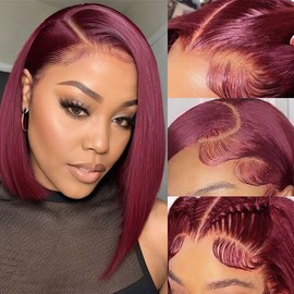 FJsuprise 12 inch 99j Burgundy Bob Wigs Human Hair Pre Plucked 13x4 HD Transparent Lace Frontal Glueless Blunt Cut Wig 180% Density Straight Short Bob Wigs for Black Women Wine Red Bob Wig