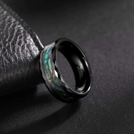 Frank S.Burton Tungsten Rings for Men Women Wedding Bands 8mm Abalone Shell Inlay Hammer Faceted Edge Black Ring Comfort Fit Size 11
