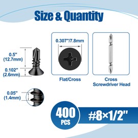 ANCHOREASE #8×1/2″ Sheet Metal Screws 400Pcs, 410 Stainless Steel Black Self Drilling Screws, Flat Head Phillips Fast Self Tapping Screws