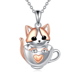 KQF Cat Necklace for Women Sterling Silver Cat Jewellery Animal Cup Necklace Gifts for Women Teens