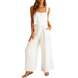 ANRABESS Women's 2 Piece Outfits Linen Pants Jumpsuit Matching Lounge Set Casual Summer Beach Vacation Trendy Clothes White XX-Large
