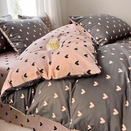 Nayoroom Bed Linen 135 x 200 cm Pink Black Hearts Duvet Cover Set 2-Piece Pink Heart Pattern Aesthetic Cute Hearts Renforce Microfibre Girls Duvet Cover with Zip and 1 Pillowcase 80 x 80 cm