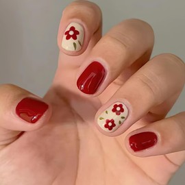 Mkwntg Flower Press on Nails Short Square Fake Nails Red Full Cover False Nails with Flower Designs Glossy Red Flower Stick on Nails Cute Spring Floral Glue on Nails for Women Girls Nail Decor 24Pcs