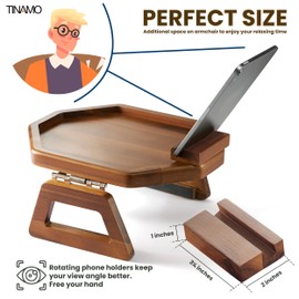Tinamo Octagonal Acacia Sofa Arm Tray, Couch Armrest Table with Folding Arms - Armchair Caddy, Clip on Tray with Adjustable Arm Hinges for Home Sofa Living Room (Acacia, Octagon Phone Holder)