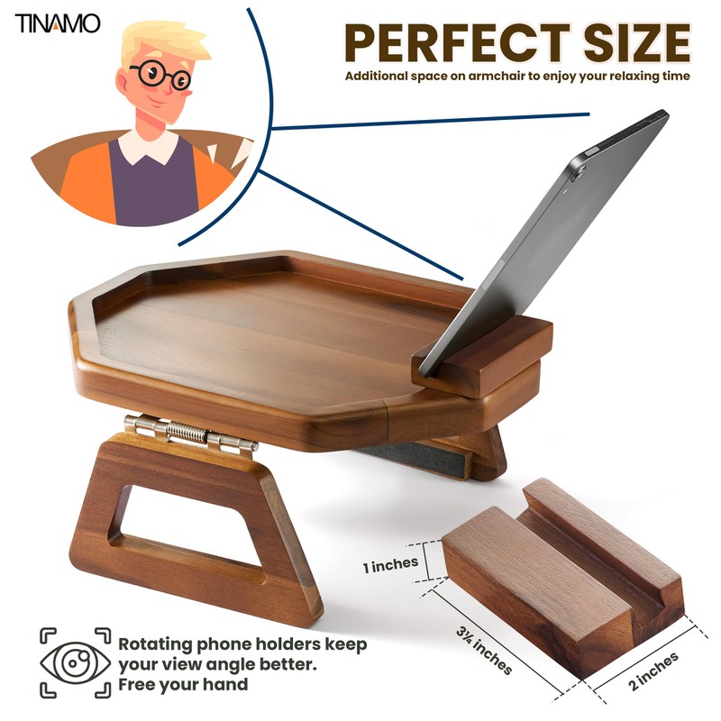 Tinamo Octagonal Acacia Sofa Arm Tray, Couch Armrest Table with