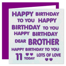 Brother 11th Happy Birthday Card - Happy Birthday To You Dear Brother - Perfect Purple Design - 11 Today