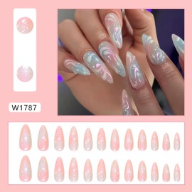 3D Almond Press on Nails Medium Length Fake Nails Glossy Blue Pink Acrylic Nails Press ons 3D Stereoscopic Effect Glue on Nails Medium Almond Stick on Nails Cute French False Nails for Women Manicure