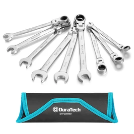DURATECH 9-Piece Flex-Head Ratcheting Wrench Set, Combination Wrench Sets, 72 Tooth, Metric, 8, 10, 11, 12, 13, 14, 15, 16, 17mm, CR-V Steel, with Rolling Pouch
