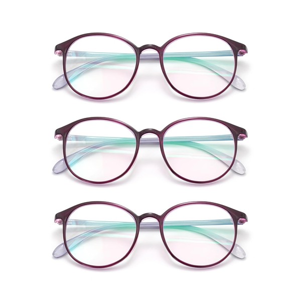 Autojouls 3-Pack Round Reading Glasses for Women, Blue Light Blocking