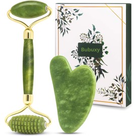 Gua Sha Jade Roller Set, Face Roller, Face Massager Jade Stone Facial Roller for Eye Puffiness Treatment, Skin Tightening, Rejuvenate Face & Neck (Green)