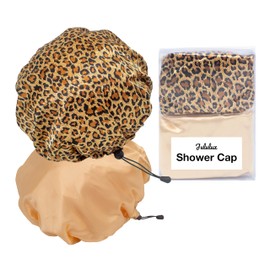 JULULUX Luxury Reusable Shower Caps for Women, 2 PCS Adjustable Waterproof Bath Caps, Elegant and Durable, Suitable for All Hair Types, Universal Size, Classy and Deluxe (Champagne Gold and Leopard)