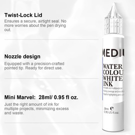PHOENIX White Ink Pen for Watercolor - 28ml / 0.95 fl oz. - Water Color Medium for Drawing, Calligraphy, Highlights & Illustration Watercolors Painting Supply