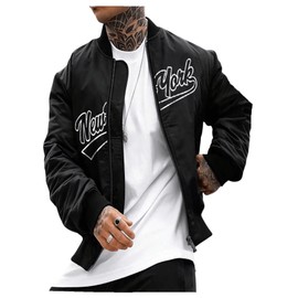 BEAUDRM Men's Letter Printed Long Sleeve Bomber Jackets Zip Up Outerwear Coats Black X-Large