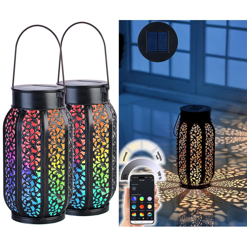 Lunartec Bluetooth Lantern: Smart Solar Lantern Metal RGB CCT LEDs