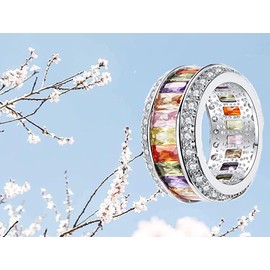 VPKJewelry 14K Gold Plated Rainbow Ring Wedding Band for Women Emerald Cut Multi Color Created-Gemstone Eternity Ring (multicolor, 8.5)