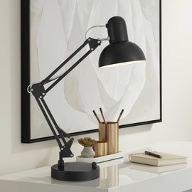 360 Lighting Wyatt 25" High Modern Desk Lamp with USB Charging Ports A+C Architect Adjustable Height Black Finish Metal Shade Home Office Living Room Bedroom Bedside Nightstand House