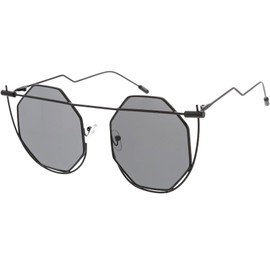 zeroUV - Abstract Geometric Metal Wire Frame Hexagon Color Lens Sunglasses (Black/Smoke)