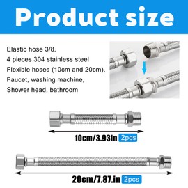 Pack of 4 Flexible Hose 3/8, 304 Stainless Steel Flexible Hoses (10 cm and 20 cm), Reinforced Hose 3/8 Inch with Throw and Male Thread, Flexible Hose for Tap, Washing Machine, Shower Head, Toilet