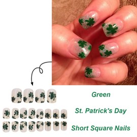 St. Patrick's Day Press on Nails Short Square Fake Nails with Green Shamrock Design Green French Tip False Nails Silver Glitter Acrylic Nails Full Cover Stick on Nails for Women DIY Manicure 24 Pcs