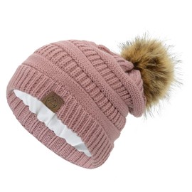 American Trends Beanies Women Winter Hats for Women Satin Lined Slouchy Beanie with Pom Pom Winter Warm Cable Knit Snow Ski Hat Pink