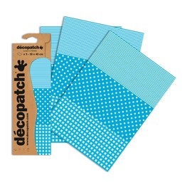 Décopatch - Ref C549O - Blue Spots, Stripes and Gingham Paper Pack - Each Sheet 30 x 40cm, Pack of 3 Paper Sheets - Best Used With Décopach Glue & Varnish, Blue