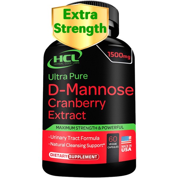 HCL HERBAL CODE LABS D-Mannose with Cranberry Extract Capsules 1500mg Super Strength Pills – Fast-Acting UTI Urinary Tract – Bladder Health Supplement