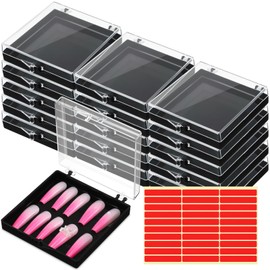Landhoow 30-Piece Press on Nail Storage Box with 60-Piece Double-Sided Tape Acrylic Nail Display Case Packaging Organizer for Art Home Business Salon(Black)