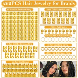 Sightor 262PCS Gold Hair Jewelry for Braids, Gold Dreadlock Beads Locs Accessories Hair Charms for Women Adjustable Hair Rings Hair Cuff Hair Beads Decorations(Gold)